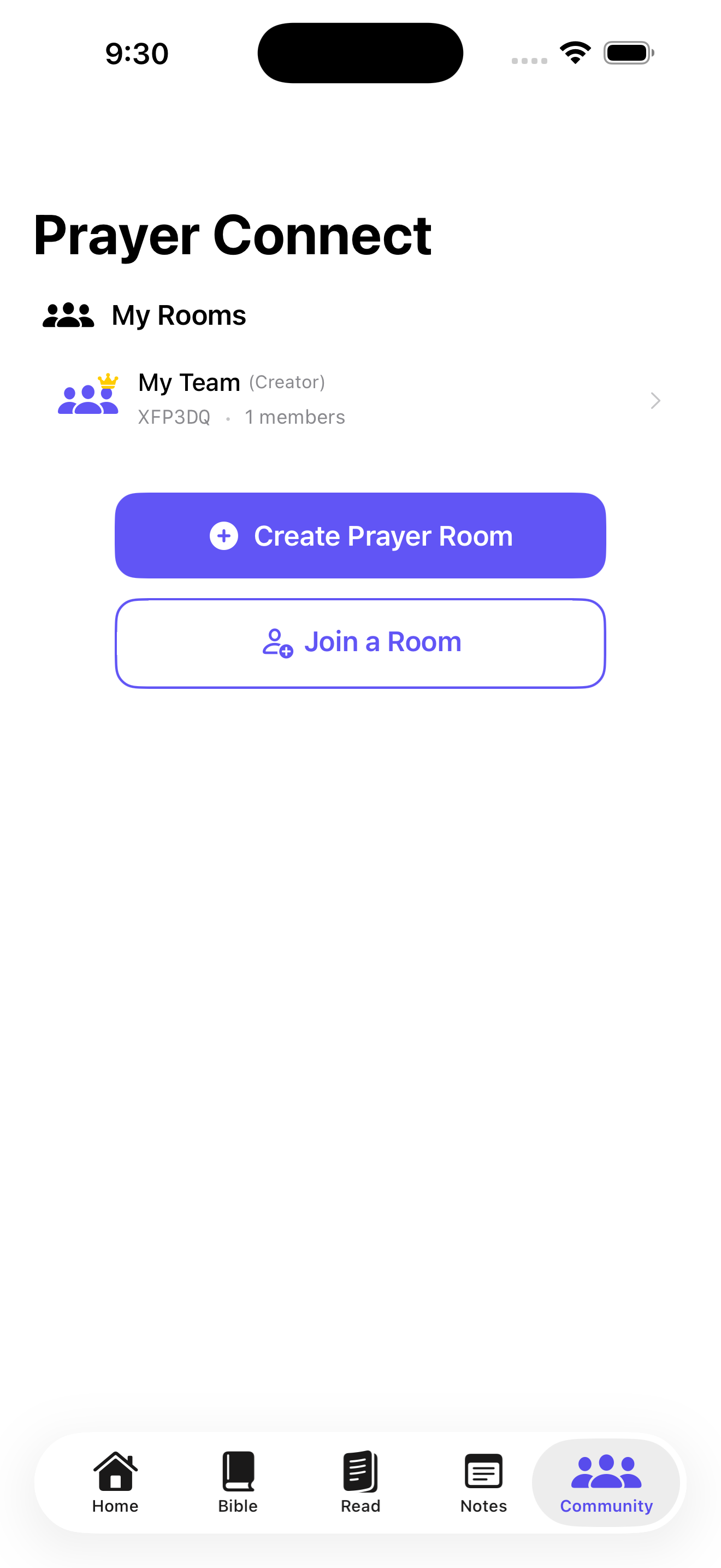 Athmana Prayer Connect on iPhone showing My Rooms list with My Team room and Create Prayer Room and Join a Room buttons
